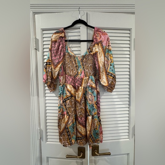 NWT Meritt Multicolor Patterned Scarf Print Bohemian Dress w/ Dolman Sleeves - Picture 5 of 5